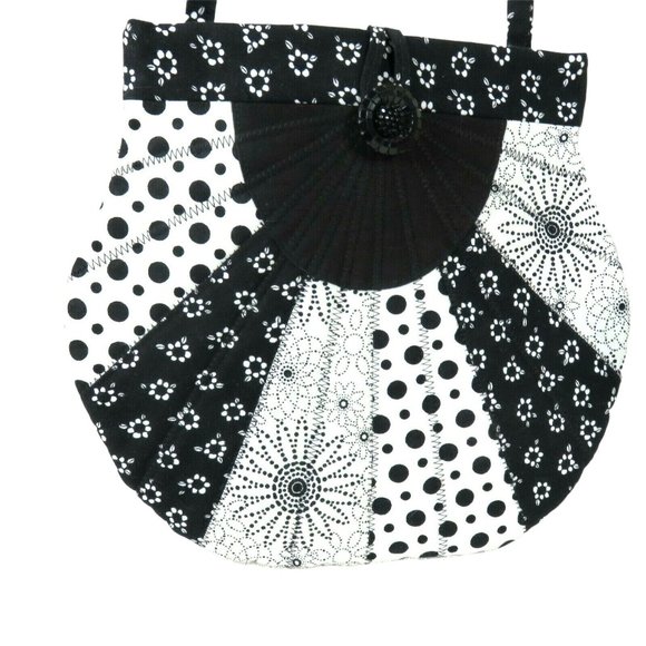 Handmade Quilted Patchwork Shoulder Bag Purse Black White Floral Button Closure - Picture 8 of 8